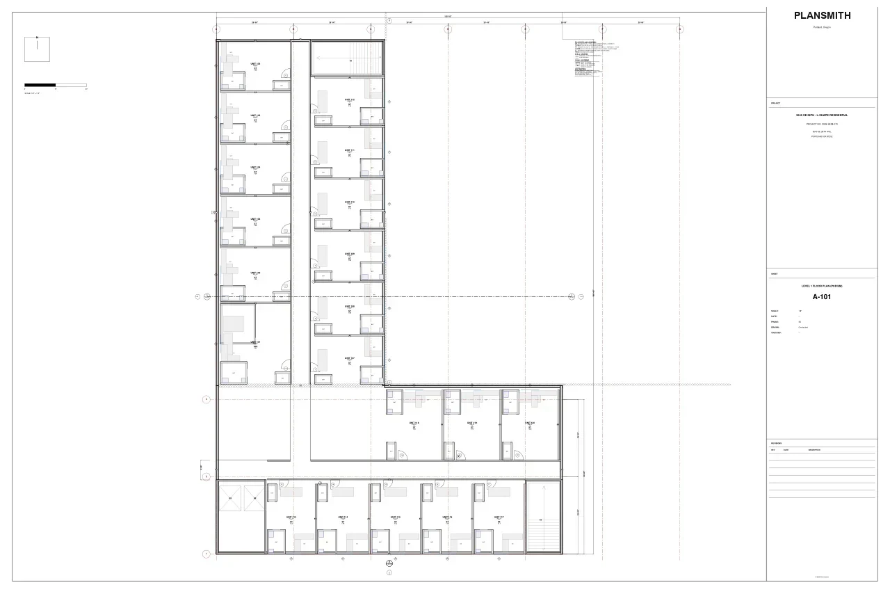 Sheet A-101 — Level 1 floor plan with unit layouts and the stair core.