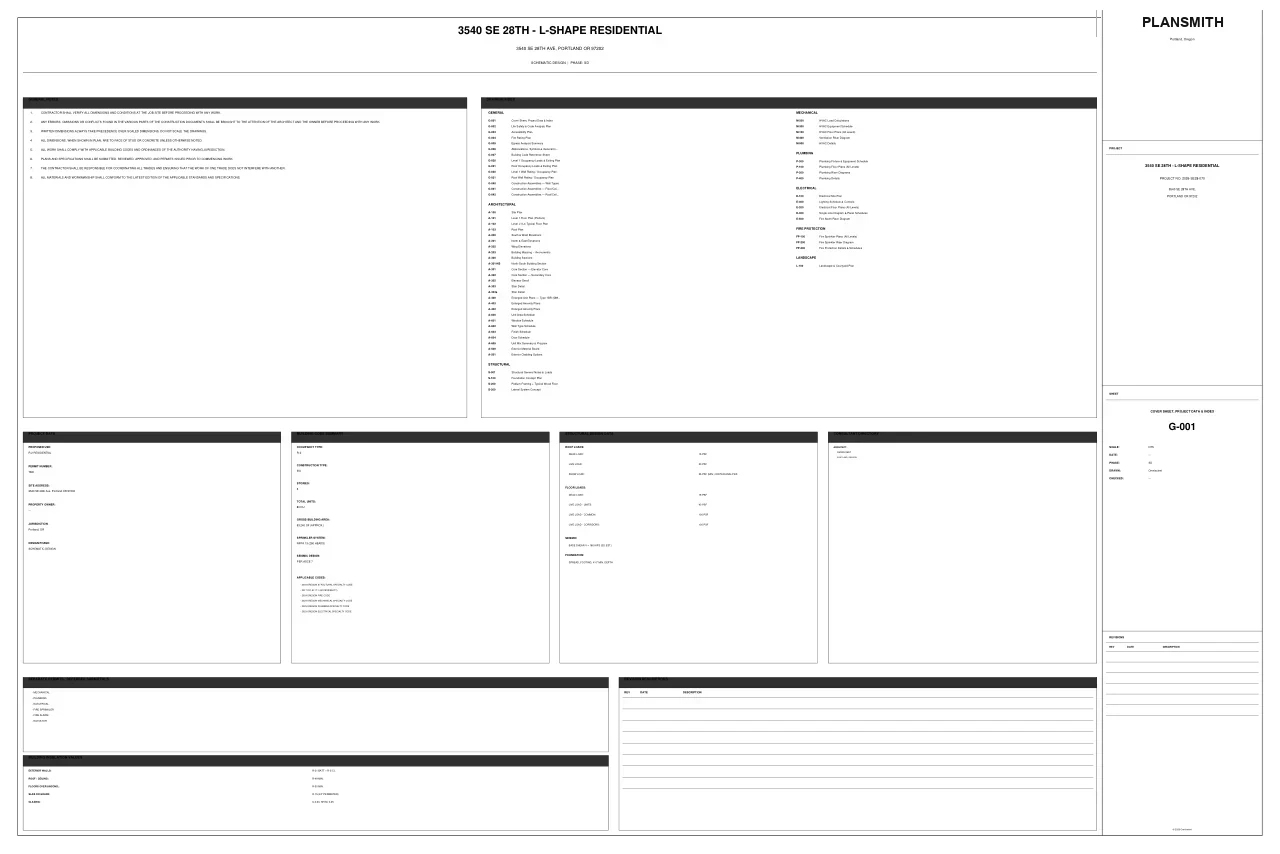 Sheet G-001 — cover sheet and drawing index for an L-shaped multifamily residence in Portland, Oregon.
