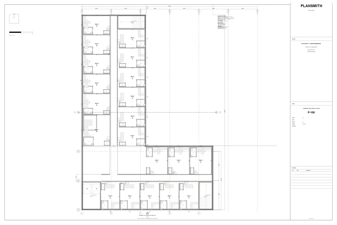 Sheet P-100 — plumbing floor plans, all levels, with fixtures and risers.