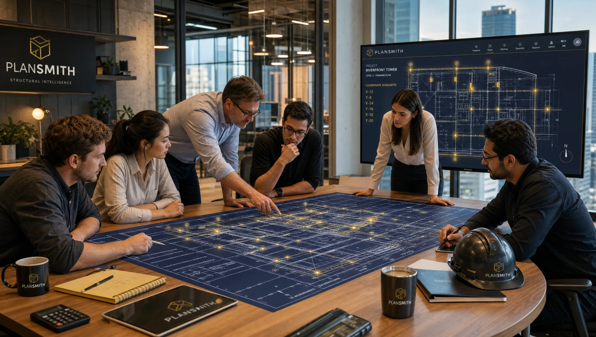 A design team reviewing a framing plan together around a table, with the project on a wall display.